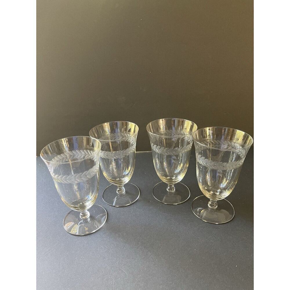 Vintage Floral Vine Etched Crystal Barware Wine Water Cocktail Glasses Set (4)